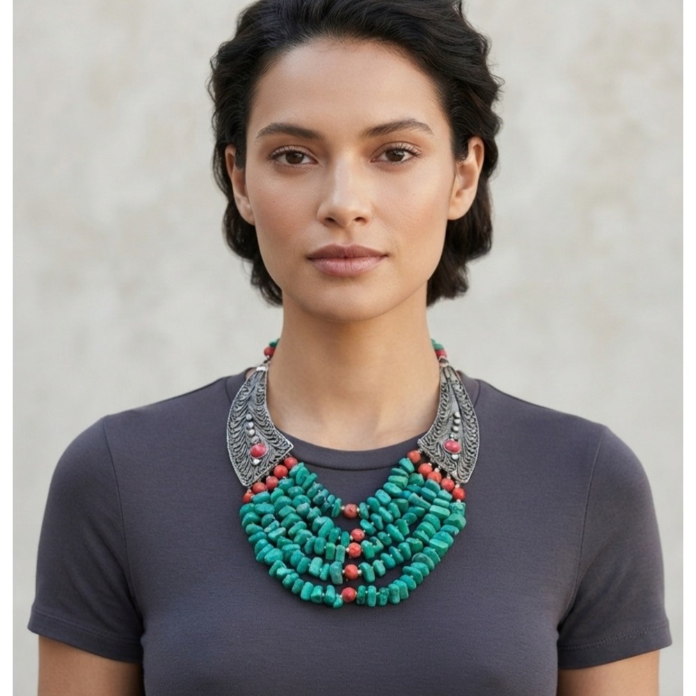 African Beaded Bib Statement Necklace Turquoise Red Silver Boho Filigree Western